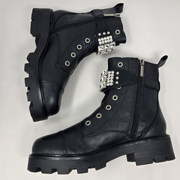 Karl Lagerfeld Maeva Womens Lug Sole  Combat Boots Sz 6M Black Leather Crystals - Picture 6 of 11